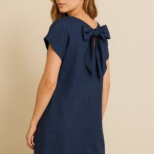 Charter Club Blue Linen Cap Sleeve Tunic Dress Bow on Back Nautical Coastal